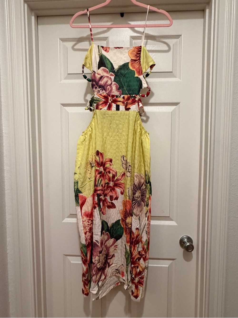 Anthropologie Celandine Yellow Floral Cutout Beaded Dress with Spaghetti Straps